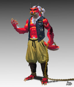 abs anthro asian_clothing biceps bottomwear claws clothing eyebrows finger_claws footwear gradient_background hair holding_chain horn male navel nipples pants patch_(fabric) pecs pubes red_body sandals shoes simple_background solo teeth thick_eyebrows toe_claws topwear torn_vest vest white_hair yellow_eyes yellow_teeth shaneinvasion asian_mythology east_asian_mythology japanese_mythology mythology demon mammal mustelid musteline oni true_musteline weasel yokai absurd_res hi_res signature