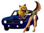 anthro bent_over blonde_hair blue_eyes bottomwear breasts brown_body brown_fur butt camo car clothed clothing female fur hair looking_at_viewer looking_back pawpads paws raised_tail shirt shorts simple_background skimpy smile solo tail topwear vehicle white_background zenia chevrolet chevrolet_camaro canid canine canis domestic_dog german_shepherd herding_dog mammal pastoral_dog 4:3