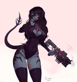 big_breasts black_hair blush breasts camel_toe cleavage cleavage_cutout clothed clothing cutout dark_body dark_skin female grey_body grey_skin gun hair holding_gun holding_object holding_ranged_weapon holding_rifle holding_weapon horn legwear leotard long_hair one_eye_closed plasma_rifle ranged_weapon red_eyes rifle scales simple_background smoking_gun solo tattoo thigh_highs tight_clothing weapon white_background iri-neko fallout final_fantasy final_fantasy_xiv microsoft square_enix animal_humanoid au_ra humanoid scalie scalie_humanoid hi_res