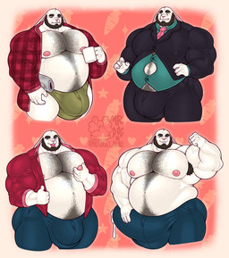 anthro beard biceps bodily_fluids body_hair bottomwear bulge button_(fastener) clothed clothing container cup facial_hair flexing genital_fluids hand_on_pecs happy_trail leaking_precum male mug musclegut muscular muscular_arms muscular_male musk necktie newspaper nipples office_clothing open_clothing open_mouth open_shirt open_topwear pants partially_clothed pattern_clothing pec_grab pecs plaid plaid_clothing precum shirt solo straining_buttons straining_clothing suit tired tired_eyes tongue tongue_out topwear underwear hotdogsauau william_gerard domestic_rabbit lagomorph leporid lop_rabbit mammal oryctolagus rabbit absurd_res hi_res