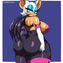 anthro bedroom_eyes big_breasts big_butt bodysuit breasts bubble_butt butt clothing duo female gluteal_fold half-closed_eyes huge_butt looking_at_viewer looking_back looking_back_at_viewer makeup narrowed_eyes seductive skinsuit smile smirk tail thick_thighs tight_clothing wide_hips wings hyperrxgue sega sonic_the_hedgehog_(series) rouge_the_bat bat mammal 1:1 hi_res