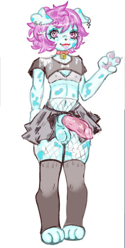 animal_genitalia animal_penis anthro balls bottomwear canine_genitalia canine_penis clothing collar ear_piercing ear_ring fur genitals hair legwear lipstick makeup male multicolored_body multicolored_fur penis piercing pink_eyes pink_hair red_collar red_lipstick ring_piercing skirt solo stockings tongue_showing topic uhhcrokiroki canid canine canis domestic_dog mammal absurd_res hi_res