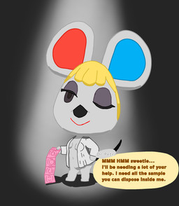 anthro condom condom_packet_strip condom_wrapper female half_naked laboratory_equipment laboratory_glassware looking_at_viewer one_eye_closed petri_dish scientific_instrument sexual_barrier_device smile smiling_at_viewer solo speech_bubble spotlight text wink winking_at_viewer rob-posa animal_crossing nintendo petri_(animal_crossing) mammal mouse murid murine rodent hi_res