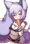 5_fingers alternate_species anthro anthrofied big_tail black_nose blush bottomwear bra breasts cleavage clothed clothing cute_fangs dessert eating fangs female female_anthro fingers fluffy fluffy_ears fluffy_tail food fur hair high-angle_view holding_object huge_tail ice_cream kemono long_hair looking_at_viewer medium_breasts navel ponytail purple_body purple_fur purple_hair shorts simple_background solo tail tail_hug teeth underwear white_background white_body white_fur yellow_eyes tabhead arknights hypergryph studio_montagne provence_(arknights) canid canine fox mammal 2020 absurd_res digital_media_(artwork) hi_res