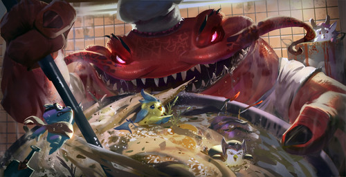 ambiguous_gender anthro black_body blue_body bodily_fluids chef_hat clothing cooking cooking_pot feral food group hat headgear headwear kitchen_utensils ladle light male melee_weapon nail plant purple_eyes red_body red_scales saliva scales soup splash steam sword teeth tools vegetable wall_(structure) weapon white_body yellow_body santiago_parra league_of_legends riot_games tencent tahm_kench_(lol) aquatic avian bird catfish fish furyhorn pengu_(lol) penguin silverwing_(lol) 2021 colored detailed digital_media_(artwork) digital_painting_(artwork) hi_res lighting painting_(artwork) shaded