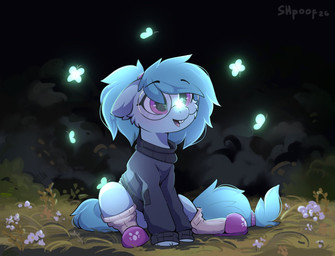 buckteeth cheek eyebrows eyewear female fluffy glasses hair not_furry ponytail sitting smile solo teeth shpoof hasbro my_little_pony whispy_slippers arthropod butterfly earth_pony equid equine horse insect lepidopteran mammal pony