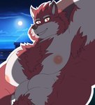 abs armpit_hair body_hair chest_hair flexing fur male multicolored_body multicolored_fur nipples pecs red_body red_fur smile solo white_body white_fur kingfurball knights_college diederich_olsen canid canine canis mammal wolf hi_res