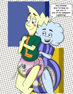 abdl ageplay blush clothed clothing clothing_lift cloud diaper diaper_fetish duo female infantilism lightning_(pajama_sam) lightning_bolt onesie pull-ups_(diaper) roleplay shirt t-shirt t-shirt_lift teasing text thunder_(pajama_sam) topwear wearing_diaper f4phantomwildweasel humongous_entertainment air_creature air_humanoid cloud_humanoid elemental_creature elemental_humanoid humanoid living_cloud absurd_res english_text hi_res sibling_(lore) sister_(lore) sisters_(lore)