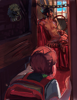 backpack bound breasts chain duo female male nipples nude semi_pov tail kenno_arkkan animal_humanoid felid felid_humanoid human humanoid hybrid mammal mammal_humanoid pantherine tiger digital_media_(artwork) digital_painting_(artwork) painting_(artwork)