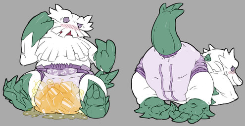 anthro biped blush bodily_fluids clean_diaper clothed clothing diaper diaper_only embarrassed genital_fluids green_body ice ice_cube male rear_view simple_background topless unclean_diaper urine used_diaper wearing_diaper wet_diaper white_body crackajackin nintendo pokemon abomasnow generation_4_pokemon mammal pokemon_(species) 2012 digital_media_(artwork) multiple_images