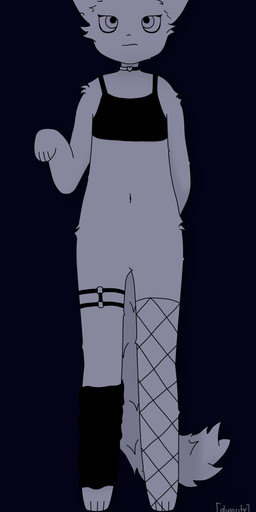 ambiguous_gender anthro choker clothing crop_top dark fishnet_clothing fishnet_legwear fur heart_choker jewelry leg_warmers legwear navel necklace paws raised_hand raised_paw shirt simple_background solo standing tail topwear white_body white_fur diviocity min_(diviocity) canid canine fennec_fox fox mammal true_fox absurd_res hi_res