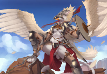 anthro armor beak bodily_fluids bottomwear breasts buttplug cat_tail clothed clothing dripping feathered_wings feathers female fur genital_fluids genitals loincloth man_catcher mask melee_weapon midriff navel open_beak open_mouth plug_(sex_toy) polearm sex_toy shield sky solo sword unconvincing_armor vaginal_fluid_drip vaginal_fluids vulva weapon white_body white_fur wings merrunz mythology avian gryphon mythological_avian mythological_creature digital_media_(artwork) hi_res shaded