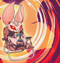 anthro beach_chair beverage clothed clothing drinking fur long_ears male open_clothing open_shirt open_topwear red_eyes shirt shortstack shortstack_male sitting solo topwear white_body white_fur salamikii capri_sun_(company) metaphor:_refantazio heismay_noctule bat eugief mammal hi_res