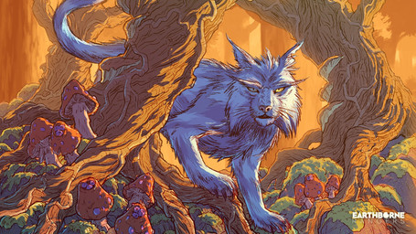 ambiguous_gender claws detailed_background feral forest fungus looking_at_viewer mushroom outside plant rock solo standing tail tree whiskers chris_beck earthborne_rangers quiet_(earthborne_rangers) felid mammal 16:9 hi_res official_art widescreen