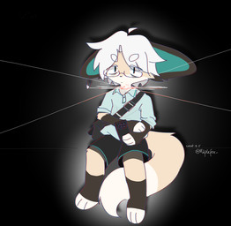 anthro black_background blue_eyes brown_ears cyan_ears eyewear fur glasses hair male multicolored_body multicolored_fur safety_pin simple_background solo tan_body turquoise_ears white_hair young young_anthro maplefox canid canine fox mammal absurd_res hi_res