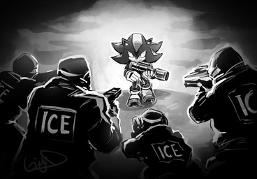 5_fingers anthro black_body black_fur clothing facing_away_from_viewer fingers footwear fur gloves group gun handwear male pointing_gun politics ranged_weapon shoes standing text weapon gigidutreix sega shadow_the_hedgehog_(video_game) sonic_the_hedgehog_(series) u.s._department_of_homeland_security u.s._immigration_and_customs_enforcement shadow_the_hedgehog eulipotyphlan hedgehog human mammal 2026 absurd_res digital_drawing_(artwork) digital_media_(artwork) english_text greyscale hi_res monochrome signature