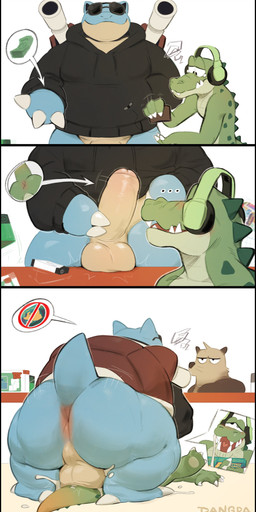 anthro anus balls balls_on_tail biped blue_tail blush butt erection foreskin genitals green_body green_scales group humanoid_genitalia humanoid_penis male male/male male_penetrated male_penetrating male_penetrating_male penetration penis scales sex short_tail size_difference tail tan_body teeth tongue trio dangpa nintendo pokemon chorizo_(dangpa) k0bit0wani_(character) blastoise crocodilian generation_1_pokemon mammal mustelid otter pokemon_(species) reptile scalie absurd_res comic hi_res