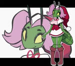 antennae_(anatomy) anthro arthropod_abdomen boots bottomwear breasts christmas_clothing christmas_headwear clothed clothing dress eyebrows female footwear green_body green_face green_skin hair hat headgear headwear holidays knee_boots knee_highs legwear looking_aside mouth_closed non-mammal_breasts pink_hair purple_hair red_clothing red_topwear santa_hat shoes skirt smile solo standing topwear white_bottomwear white_clothing white_skirt yellow_sclera qwerty_soda christmas lewin_(bukkbuggy) arthropod insect mantis 2021 2d_animation animated digital_drawing_(artwork) digital_media_(artwork) motion_tweening no_sound short_playtime webm