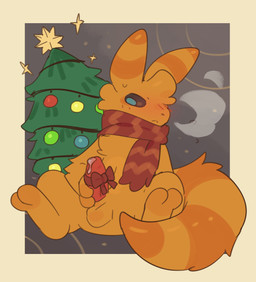 balls blue_eyes christmas_tree feral genitals holidays male masturbation orange_body penis plant red_penis scarf solo tail tree yellow_body dog_phenomenon christmas rain_world videocult leader_(dog_phenomenon) slugcat hi_res