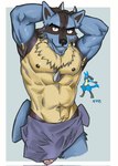 abs anthro armpit_hair barely_visible_genitalia barely_visible_penis biceps bodily_fluids body_hair clothed clothing genital_fluids genitals male muscular muscular_male pecs penis precum solo spikes spikes_(anatomy) topless kolemus nintendo pokemon generation_4_pokemon lucario pokemon_(species) hi_res