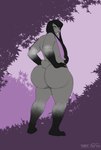 abstract_background absurd_res ambiguous_gender anthro big_butt biped black_body black_fur black_hair bubble_butt buckteeth butt floppy_ears fur grape_shifter grey_body grey_fur hair hands_on_hips hi_res huge_butt lagomorph leporid long_ears looking_at_viewer looking_away looking_back mammal nude presenting presenting_hindquarters purple_eyes rabbit rear_view short_tail smile solo standing tail teeth