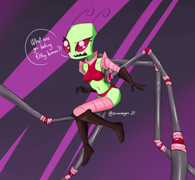 3_fingers abstract_background antennae_(anatomy) belly boots breasts brown_boots brown_clothing brown_footwear brown_gloves brown_handwear clothing crop_top crossgender dialogue eyelashes female fingers footwear glistening glistening_belly glistening_body glistening_skin gloves green_body green_skin handwear looking_at_viewer mtf_crossgender navel not_furry panties red_clothing red_eyes red_panties red_underwear sharp_teeth shirt shoes solo talking_to_viewer teeth text topwear under_boob underwear zicaneborgen invader_zim nickelodeon zim_(invader_zim) alien alien_humanoid humanoid irken 2021 artist_name dated digital_drawing_(artwork) digital_media_(artwork) english_text hi_res signature