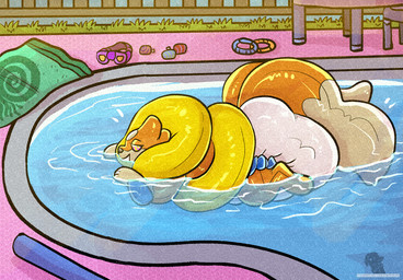 ambiguous_gender anthro big_diaper black_nose clothed clothing detailed_background diaper eyewear goggles grass half-closed_eyes hypnosis inflatable logo mind_control multicolored_body narrowed_eyes orange_body permanent_smile plant pool pool_noodle pool_toy ringed_eyes smile solo swimming swimming_goggles tan_body text towel unclean_diaper waterlogged_diaper wearing_diaper subdivisions nintendo pokemon yuukari animate_inanimate floatzel generation_4_pokemon living_inflatable living_pool_toy pokemon_(species) 2021 archived_source artist_logo hi_res url