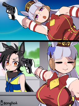 2_panel_comic 5_fingers big_breasts black_hair breasts clothed clothing duo ear_piercing eyebrow_piercing eyebrows eyelashes eyes_closed facial_piercing female fingers gloves grey_eyebrows grey_hair gun gunpoint hair handgun handwear holding_gun holding_handgun holding_object holding_ranged_weapon holding_revolver holding_weapon open_mouth orange_eyes piercing purple_eyes ranged_weapon red_clothing revolver sky smile weapon white_clothing white_gloves white_handwear wide_eyed bongftah cygames uma_musume_pretty_derby air_shakur_(pretty_derby) gold_ship_(pretty_derby) animal_humanoid equid equid_humanoid equine equine_humanoid horse_humanoid humanoid mammal mammal_humanoid 2025 2koma 3:4 absurd_res comic hi_res signature