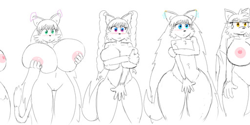 anthro big_breasts breasts covering covering_breasts covering_crotch covering_self embarrassed female genitals group huge_breasts inner_ear_fluff nipples nude nude_female simple_background tail tuft vulva cactuscacti gloria_(cactuscacti) helen_(cactuscacti) iodes_(cactuscacti) minda_(cactuscacti) petra_(cactuscacti) sara_(cactuscacti) canid canine felid feline fox mammal absurd_res hi_res