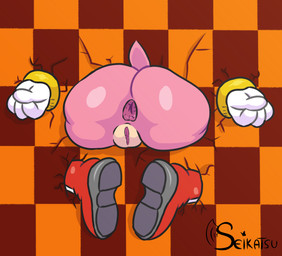 anthro anus big_butt boots butt clothing female footwear genitals gloves handwear nude pattern_background rear_view shoes simple_background solo through_wall vulva seikatsueclipse sega sonic_the_hedgehog_(series) amy_rose eulipotyphlan hedgehog mammal absurd_res hi_res