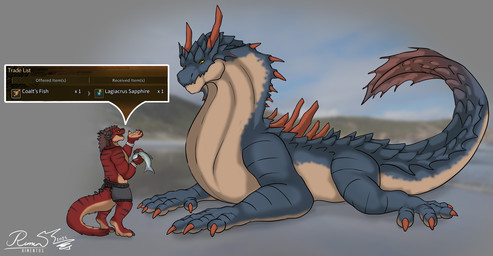 ambiguous_gender anthro barefoot black_horn black_stripes blue_body blue_scales bottomwear brown_hair clothing digitigrade duo eye_contact feet feral fluffy fluffy_tail food fur gameplay_mechanics hair horn larger_feral loincloth looking_at_another lying male offering_food on_front quadruped red_body red_fur red_spikes scales size_difference smaller_anthro standing stripes tail text thick_tail rimentus capcom monster_hunter mythology coalt dragon furred_dragon furred_scalie lagiacrus leviathan_(mh) mythological_creature mythological_scalie scalie wingless_dragon 2025 dated digital_media_(artwork) english_text signature