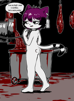3_toes alternative_fashion anthro bin biped bite_mark_on_butt blood bodily_fluids butt collar collar_only cut_(wound) cute_fangs dark despair dialogue ear_piercing ear_tag eye_bags fangs feet female female_anthro flat_chested food fur gore goth grinder hair hook imminent_death leash leash_pull leashed_anthro leashed_collar leashed_female machine markings meat meat_grinder meathook nude nude_anthro nude_female offscreen_character outline piercing purple_hair raw_meat ring_(marking) ringed_tail sad self_deprecation shredder_(machine) slim_anthro slim_female solo striped_markings striped_tail stripes tail tail_markings teeth text tired_eyes toes walking white_body white_fur white_outline wounded young young_anthro young_female e254e veronica_(e254e) domestic_cat felid feline felis mammal absurd_res digital_drawing_(artwork) digital_media_(artwork) english_description english_text full-length_portrait hi_res portrait
