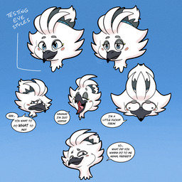 abstract_background beak blue_background blue_eyes cheek_spots dialogue feathers grey_beak male simple_background solo speech_bubble text white_body white_feathers respecies nintendo the_legend_of_zelda tulin_(tloz) avian rito 1:1 comic hi_res