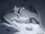 anthro clipped_ear duo ear_scar female feral lamp lantern notched_ear nude scar sleeping lizet mythology alyssa_(lizet) piper_(lizet) canid canine canis coyote dragon mammal mythological_creature mythological_scalie scalie 2022 4:3 monochrome