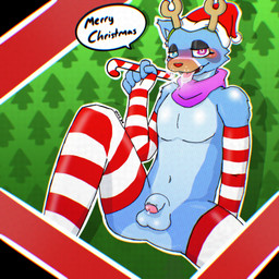 anthro antlers bodily_fluids candy candy_cane christmas_clothing clothing dessert femboy food footwear genitals holidays horn legwear makeup male penis saliva scarf socks solo stockings vxxs34 christmas mammal procyonid raccoon 1:1 hi_res