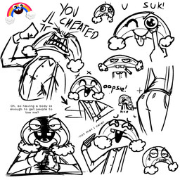 ^_^ angry black_text blush blush_lines bottomwear butt butt_shot button_(fastener) cigarette clenched_teeth clothed clothed_female clothed_humanoid clothing cross-popping_vein directional_arrow eyelashes eyes_closed female female_humanoid fist for_a_head half-closed_eyes looking_aside looking_at_viewer narrowed_eyes noseless not_furry one_eye_closed open_mouth open_smile pants question_mark simple_background smile solo suspenders teeth text tongue tongue_out tooth_gap topwear white_background nanodude78 five_nights_at_freddy's five_nights_at_freddy's_world scottgames chica's_magic_rainbow_(character) humanoid light_creature living_rainbow 1:1 2024 digital_drawing_(artwork) digital_media_(artwork) english_text hi_res reference_image sketch