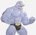 5_fingers abs anthro belt bulge clothing dappled_light fingers fist head_ridge male markings muscular muscular_male navel open_mouth open_smile pecs red_eyes simple_background smile solo speech_line speedo swimwear three-quarter_view tongue underwear white_background jrjresq nintendo pokemon generation_1_pokemon humanoid machoke mammal pokemon_(species) digital_media_(artwork) hi_res