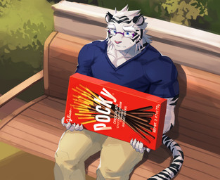 anthro bench black_body black_fur blue_clothing blue_eyes blue_shirt blue_topwear bodily_fluids bottomwear box claws clothing container eyewear finger_claws food fur glasses hair holding_box holding_container holding_object khaki_pants male muscular muscular_anthro muscular_male on_bench pants park park_bench pecs pink_nose plant rectangular_glasses shirt shrub sitting sitting_on_bench solo sweat tail tan_bottomwear tan_clothing tan_pants text topwear white_body white_fur white_hair kuron pocky felid mammal pantherine tiger 2020 english_text