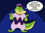 3_toes anthro biped clothed clothing dialogue feet green_body hat headgear headwear humanoid_hands pink_clothing purple_clothing purple_hat purple_headwear solo text toes sobieniak brok_the_investigator cowcat_games brok_(brok_the_investigator) alligator alligatorid crocodilian reptile scalie 2021 4:3 english_text hi_res