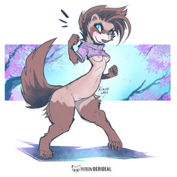 5_fingers anthro areola biped blue_eyes breasts brown_body brown_fur brown_hair brown_markings cheek_tuft claws clothed clothed_anthro clothed_female clothing crop_top digitigrade emanata exposure_variation eyebrows eyelashes facial_tuft feet female female_anthro fingers fist fur genitals gloves_(marking) hair hoodie ineffective_clothing innie_vulva leg_markings markings mostly_nude mostly_nude_anthro mostly_nude_female nipples outer_labia patreon_username pose purple_clothing purple_crop_top purple_hoodie purple_shirt purple_topwear shirt slim small_breasts socks_(marking) solo tail toe_claws toes topwear tuft vulva kiaun derideal mix_(derideal) domestic_ferret mammal mustelid musteline true_musteline weasel 1:1 2024 colored dated digital_media_(artwork) full-length_portrait hi_res portrait signature