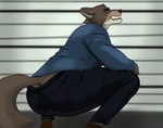 anthro bottomwear butt clothing male male_anthro pants police_lineup presenting presenting_hindquarters solo station teeth munsshy dreamworks the_bad_guys mr._wolf_(the_bad_guys) canid canine canis mammal wolf 2021 hi_res