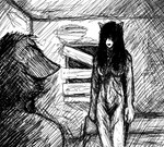anthro black_and_white blood bodily_fluids breasts canid canine carol_(hladilnik) daniel_(hladilnik) duo female ghost hair hladilnik long_hair male mammal monochrome nightmare_fuel nude pubes simple_background sketch spirit standing white_background