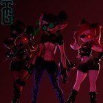 axe big_breasts black_boots black_bottomwear black_clothing black_footwear black_gloves black_hair black_handwear black_shorts black_topwear boots bottomwear breasts clothed clothing dark_body dark_skin ear_piercing eyewear female fingerless_gloves footwear front_view gloves glowing glowing_eyes group gun hair hand_on_hip handwear holding_axe holding_gun holding_knife holding_object holding_ranged_weapon holding_weapon humanoid_pointy_ears knife legwear looking_at_viewer navel piercing pointy_ears pseudo_hair ranged_weapon red_background red_eyes red_hair shoes shorts simple_background small_breasts sunglasses tan_body tan_skin tattoo tentacle_hair tentacles thick_thighs tights topwear trio twintails_(hairstyle) under_boob weapon wide_hips tealgerudo nintendo splatoon callie_(splatoon) animal_humanoid cephalopod cephalopod_humanoid humanoid inkling marine marine_humanoid mollusk mollusk_humanoid octarian octoling octopus_humanoid squid_humanoid 1:1 3d_(artwork) digital_media_(artwork) hi_res