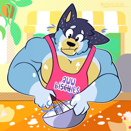 anthro blue_body bowl clothing container cooking food kitchen kitchen_utensils male muscular muscular_anthro muscular_male pecs plant plant_pot potted_plant shirt solo tank_top text tools topwear whisk fizzyjay bluey_(series) bandit_heeler australian_cattle_dog canid canine canis cattledog domestic_dog herding_dog mammal pastoral_dog 1:1 english_text hi_res