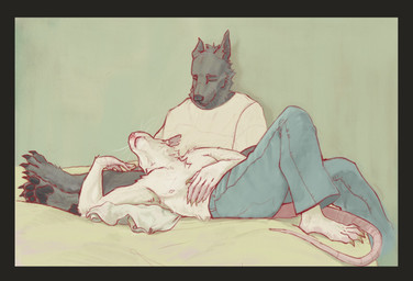 anthro black_border border bottomwear claws clothed clothing duo eyes_closed fur green_background grey_body grey_fur lying male male/male male_anthro nipples on_back pants pants_only pawpads shirt simple_background toe_claws topless topwear whiskers white_body white_fur contort_desire toilet_(contort_desire) canid canine canis domestic_dog mammal murid murine rat rodent 2023 hi_res