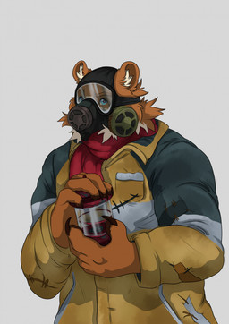 anthro blue_eyes brown_body brown_fur claws clothing fur gas_mask holding_object jacket lamp lantern looking_at_viewer male mask miner obscured_face scarf seam_(sewing) simple_background solo topwear white_background white_body white_fur atroquine the_long_dark mishka_(fishymishy) bear deer hybrid mammal hi_res