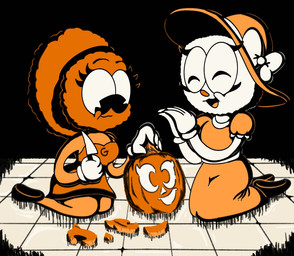 anthro cartoon_eyes cartoon_gloves carving cheerleader cheerleader_outfit clothing dress duo female female/female food for_a_head fruit hat headgear headwear holidays jack-o'-lantern knife orange_body orange_clothing pie_cut_eyes plant pom_poms pumpkin rice rice_cake rubberhose simple_background toony crazy_8_animations halloween molly_gams animate_inanimate food_creature humanoid object_head shaded simple_shading