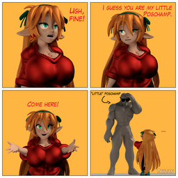 abs biceps big_breasts breasts cleavage clothed clothing dialogue directional_arrow duo ellipsis eyelashes eyewear female freckled_breasts freckles grey_body grey_skin hair huge_breasts humanoid_pointy_ears information_label light-skinned_female light_body light_skin long_hair male monotone_background muscular muscular_male not_furry orange_background orange_hair pecs pointy_ears shortstack simple_background size_difference smile spread_arms sunglasses sweater teal_eyes text topwear yellow_background tahlian ugh_fine_i_guess_you_are_my_little_pogchamp anon felicia_(tahlian) elf humanoid mammal 1:1 2020 3d_(artwork) artist_name blender_(artwork) digital_media_(artwork) english_text hi_res meme watermark