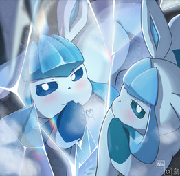 :3 altered_reflection ambiguous_feral ambiguous_gender blue_body blue_eyes blue_fur blue_inner_ear blush blush_lines detailed_background feral fur heart_symbol high-angle_view ice kemono leg_markings looking_at_viewer markings multicolored_body multicolored_fur quadruped reflection smile socks_(marking) solo steam_writing two_tone_body two_tone_fur white_body white_ears white_fur nacl_chicken nintendo pokemon eeveelution generation_4_pokemon glaceon mammal pokemon_(species) shiny_pokemon 2025 absurd_res colored digital_media_(artwork) hi_res shaded signature