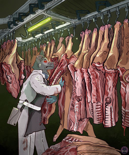 ambiguous_gender anthro bite gore processing morbidcorvidarts canid canine mammal 5:6 absurd_res hi_res